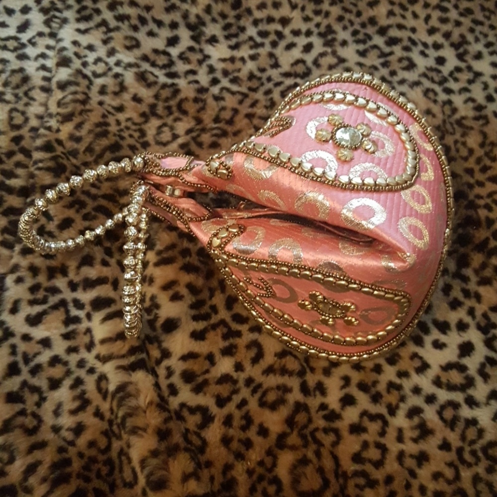 Embellished Pink Evening Wristlet with Gold Accents
